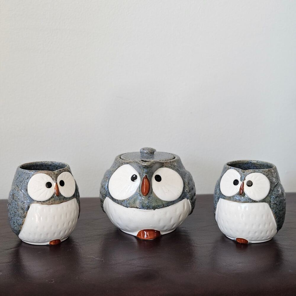 Vintage Owl Steeping Teapot Set with 2 Cups | 1970s Otagiri Japanese Stoneware